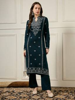Globus - Women Teal Mandarin Collar A-Line Winterwear Kurta with Pant