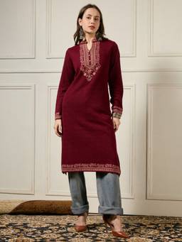 Globus - Women Maroon Mandarin Collar Self Design A-Line Winterwear Kurta