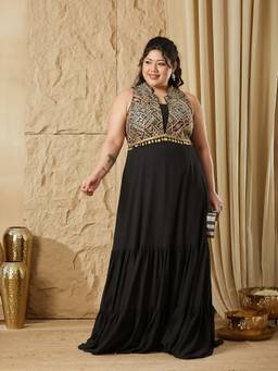 Miss Chase - Curve Collection Plus Size Women's Black Embellished Maxi Dress