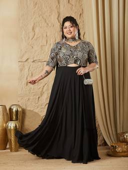 Miss Chase - Curve Collection Plus Size Women's Black Embroidered Ethnic Maxi Dress