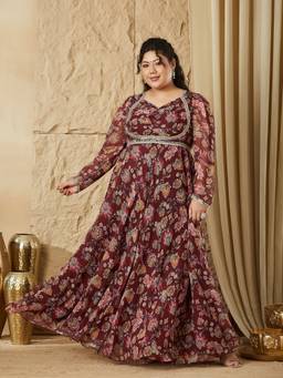 Miss Chase - Curve Collection Plus Size Women's Burgundy Floral Ruched Maxi Dress