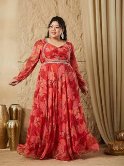 Miss Chase - Curve Collection Plus Size Women Crimson Red Floral Ruched Maxi Dress