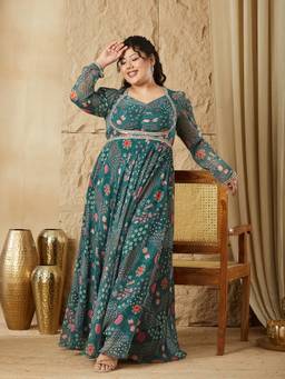 Miss Chase - Curve Collection Plus Size Women Emerald Teal Floral Ruched Maxi Dress