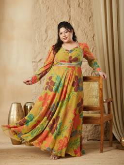 Miss Chase - Curve Collection Plus Size Women's Lime Green Floral Ruched Maxi Dress