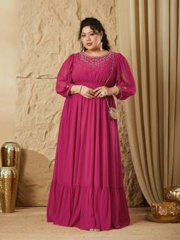 Miss Chase - Curve Collection Plus Size Women's Ruby Pink Embroidered Maxi Dress