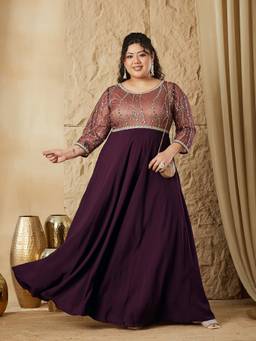 Miss Chase - Curve Collection Plus Size Women's Dark Purple Embellished Maxi Dress