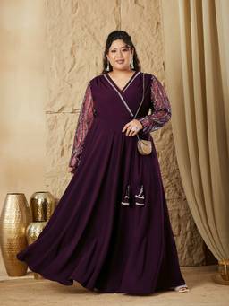 Miss Chase - Curve Collection Plus Size Women's Dark Purple Embellished Maxi Dress