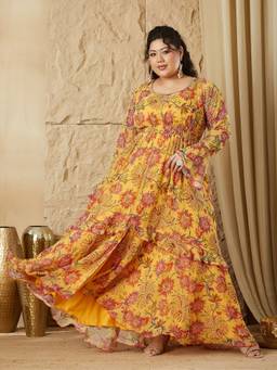 Miss Chase - Curve Collection Plus Size Women Mustard Floral Front Slit Maxi Dress