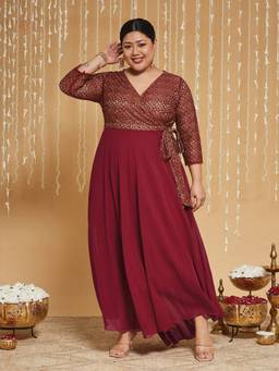 Miss Chase - Curve Collection Plus Size Women's Maroon Floral Georgette Maxi Dress
