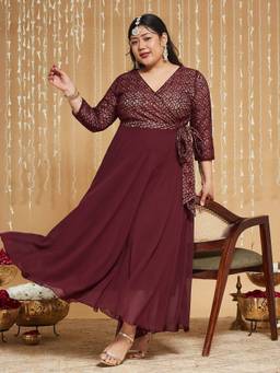 Miss Chase - Curve Collection Plus Size Women's Maroon Floral Wrap Maxi Dress