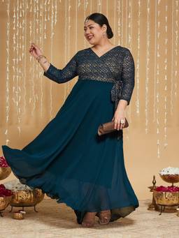 Miss Chase - Curve Collection Plus Size Women's Teal Floral Georgette Maxi Dress