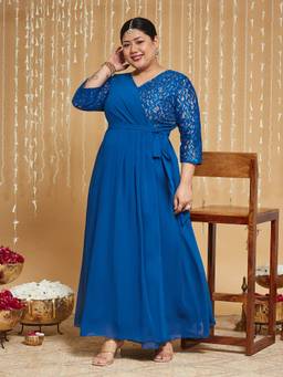 Miss Chase - Curve Collection Plus Size Women Royal Blue Wrap Georgette Maxi Dress