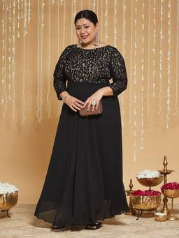 Miss Chase - Curve Collection Plus Size Women's Black Self-Designed Maxi Dress