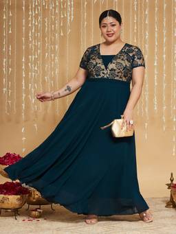 Miss Chase - Curve Collection Plus Size Women's Teal Georgette Maxi Dress