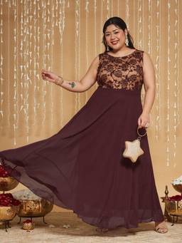 Miss Chase - Curve Collection Plus Size Women's Wine Floral Maxi Dress