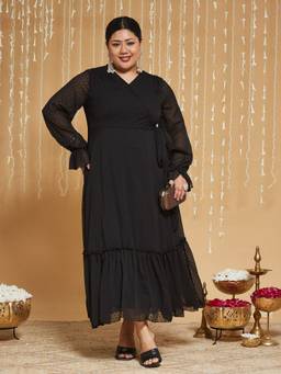 Miss Chase - Curve Collection Plus Size Women's Black Chiffon Wrap Maxi Dress