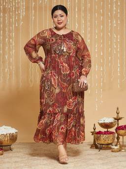 Miss Chase - Curve Collection Plus Size Women's Brown Lurex Chiffon Maxi Dress