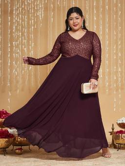 Miss Chase - Curve Collection Plus Size Women's Wine Georgette Maxi Dress
