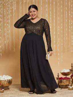 Miss Chase - Curve Collection Plus Size Women's Black Georgette Maxi Dress