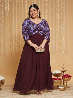Miss Chase - Curve Collection Plus Size Women's Wine Fit Flare Maxi Dress