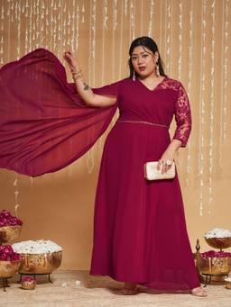 Miss Chase - Curve Collection Plus Size Women's Dark Pink Asymmetric Maxi Dress