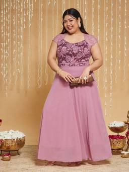 Miss Chase - Curve Collection Plus Size Women's Lavender Wine Floral Maxi Dress