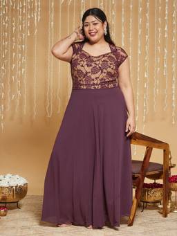 Miss Chase - Curve Collection Plus Size Women Mauve Fit Flare Georgette Maxi Dress