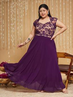 Miss Chase - Curve Collection Plus Size Women's Dark Purple Floral Maxi Dress