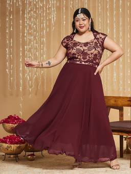 Miss Chase - Curve Collection Plus Size Women's Maroon Beige Floral Maxi Dress