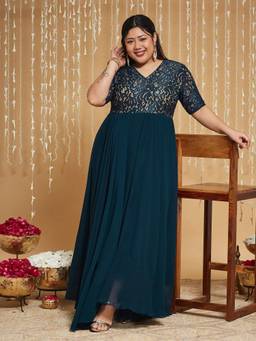 Miss Chase - Curve Collection Plus Size Women's Teal Self-Design Maxi Dress