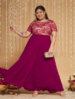 Miss Chase - Curve Collection Plus Size Women's Dark Pink Fit Flare Maxi Dress