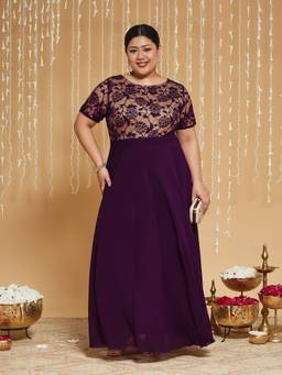 Miss Chase - Curve Collection Plus Size Women's Dark Purple Fit Flare Maxi Dress