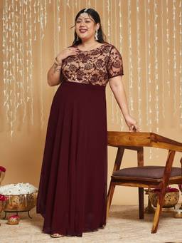 Miss Chase - Curve Collection Plus Size Women's Maroon Beige Relaxed Georgette