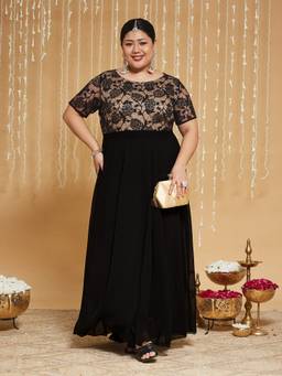Miss Chase - Curve Collection Plus Size Women Black Fit Flare Georgette Maxi Dress