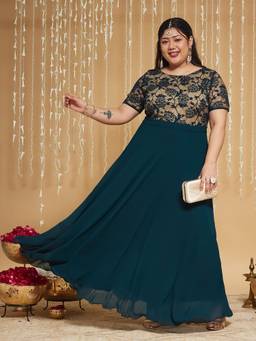 Miss Chase - Curve Collection Plus Size Women's Teal Fit Flare Georgette Maxi Dress