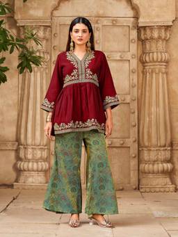 Tikhi Imli - Maroon Silk Blend Embroidered Top And Printed Palazzo