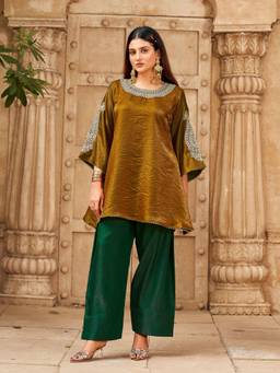 Tikhi Imli - Bronze Patch Work Embroidered A Line Kurti And Farshi Salwar