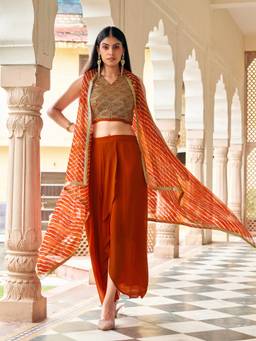 Tikhi Imli - Orange Colour Georgette Embroidered V Neck Top With Shrug And Draped Skirt
