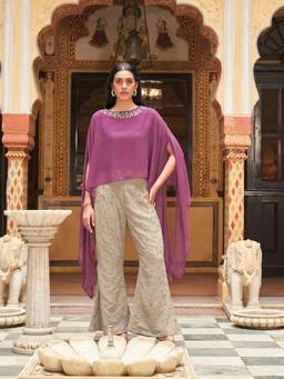 Tikhi Imli - Mauve And Beige Georgette Sequenced Thread Work Embroidered Kaftan And Palazzo
