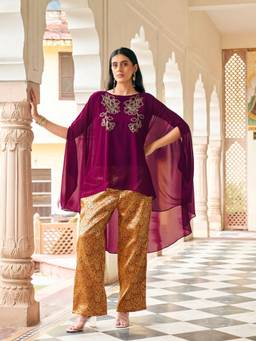 Tikhi Imli - Wine Georgette With Zari Work Embroidered Kaftan Top And Palazzo