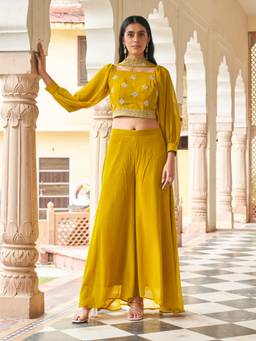 Tikhi Imli - Yellow Colour Georgette Embroidered Crop Top With Palazzo And Short Dupatta