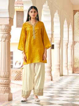 Tikhi Imli - Yellow Patch Work Embroidered Kurta And Farsi Salwar