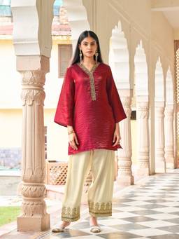 Tikhi Imli - Maroon Patch Work Embroidered Kurta And Farsi Salwar
