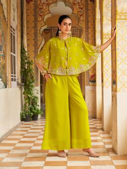 Tikhi Imli - Green Georgette Embroidered V Neck Top With Round Cape And Palazzo