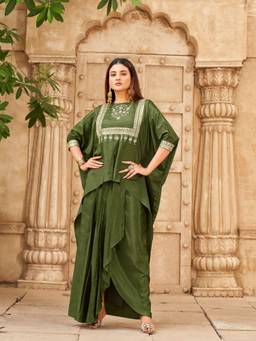 Tikhi Imli - Green Silk Blend Zari Embroidered Top With Draped Skirt