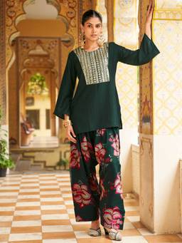 Tikhi Imli - Green Silk Blend Gota Work Kurti With Farshi Salwar