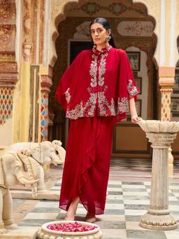 Tikhi Imli - Red Georgette Embroidered Round Flair Cap With Draped Skirt