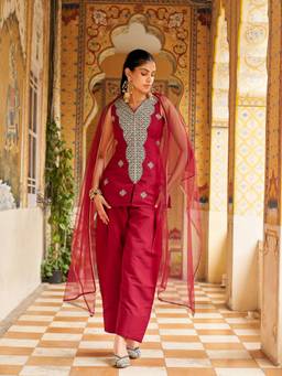 Tikhi Imli - Red Colour Zari Embroidered Short Kurti With Farshi Salwar And Dupatta
