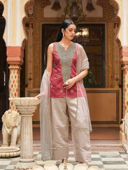 Tikhi Imli - Peach Zari Embroidered Short Kurti With Farshi Salwar And Dupatta