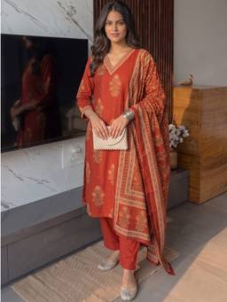 Autumnlane - Poppi Russet Cotton Printed Kurta and Pant with Dupatta